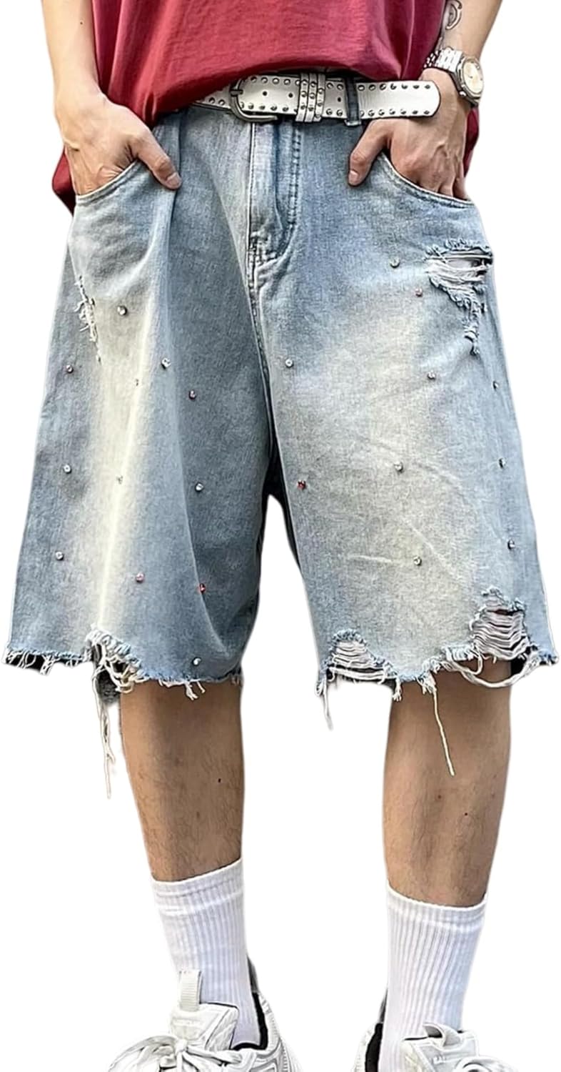 FantasyGears Frayed Hem Denim Jorts Rhinestone Application Summer Baggy Denim Shorts Wide Leg Loose Fit Wash Crystal Jeans - Image 8