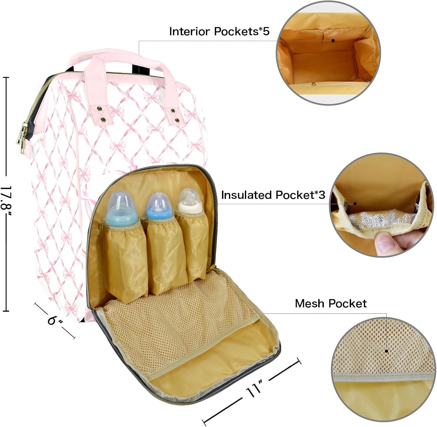Custom Diaper Bag for Baby Girl Customized Pink Bow Baby Bag Personalized Nursing Bags with Name Custom Name Mommy Daypack Bag Tote Bag Gifts