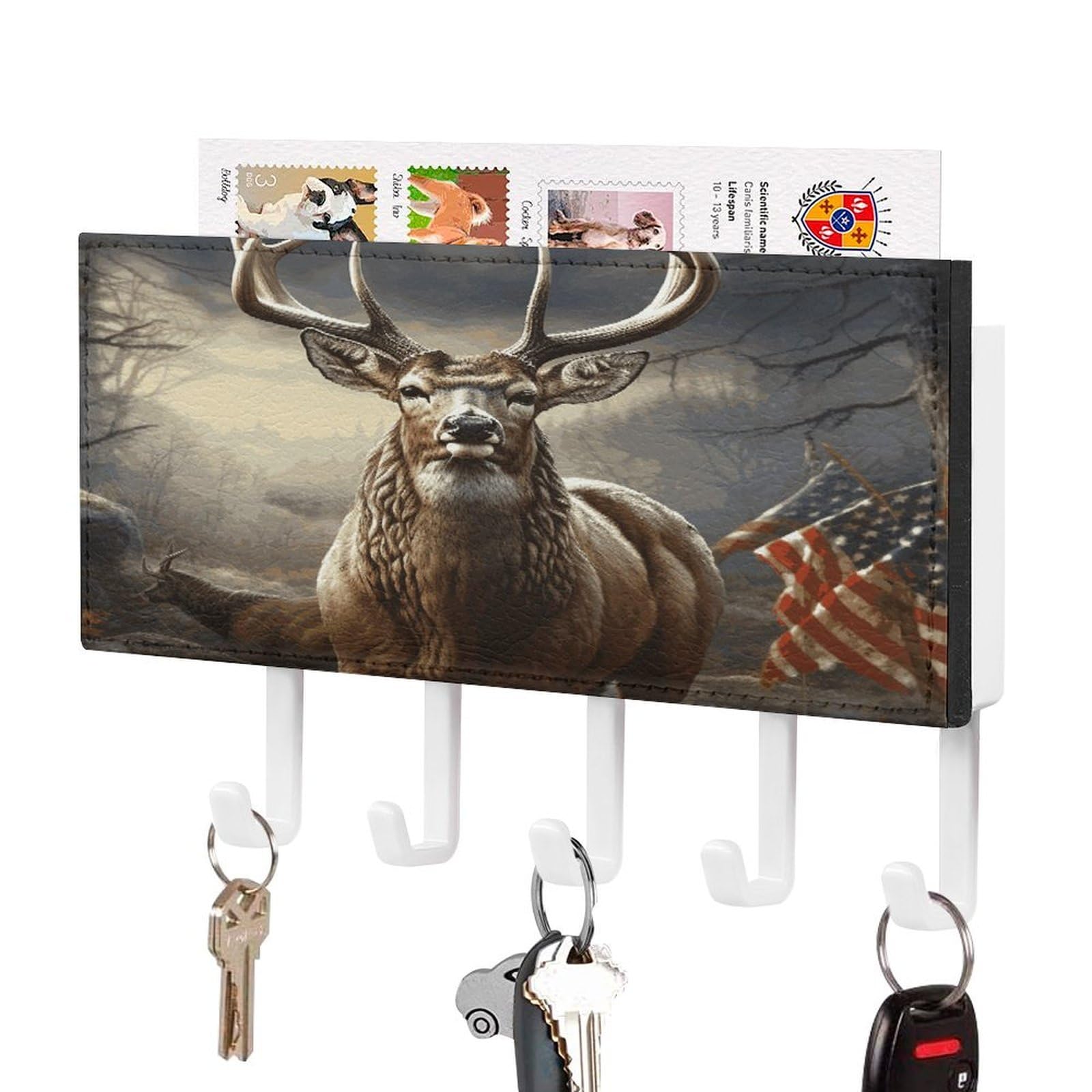 FekiLoot Deer Hunting Season Key Holder Wall Mount Key Hanger with 5 Hooks Decorative Key Rack Hanging Key Hooks with Mail Organizer Key Holder for Wall Living Room Kitchen Bathroom Hallway White