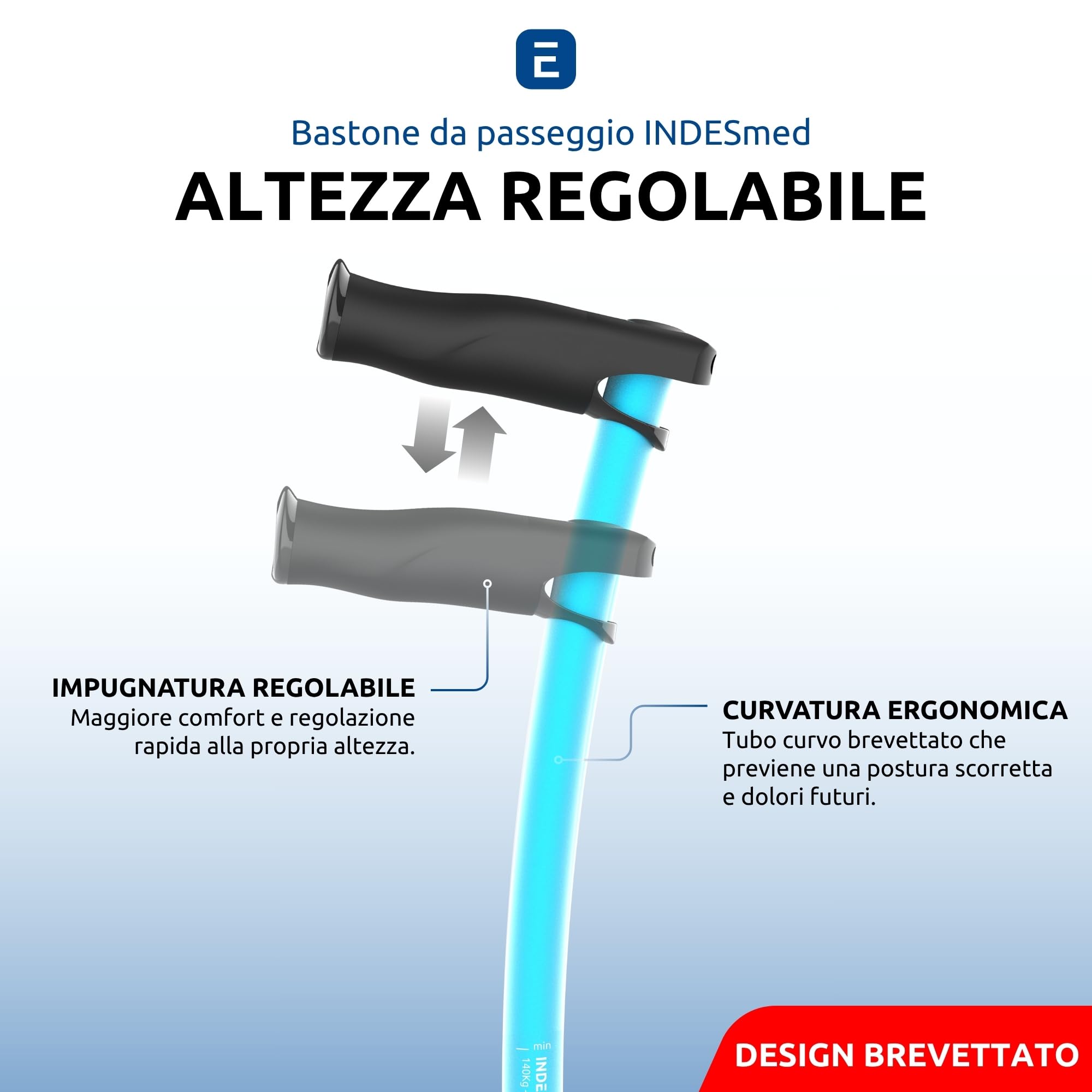 Bastone da Passeggio 100% Alluminio Aerospaziale Ergonomico e Leggero | Impugnatura Ergonomica Antitendinite, Impugnatura Regolabile, Design Elegante, Uomo e Donna, per Anziani | INDESmed