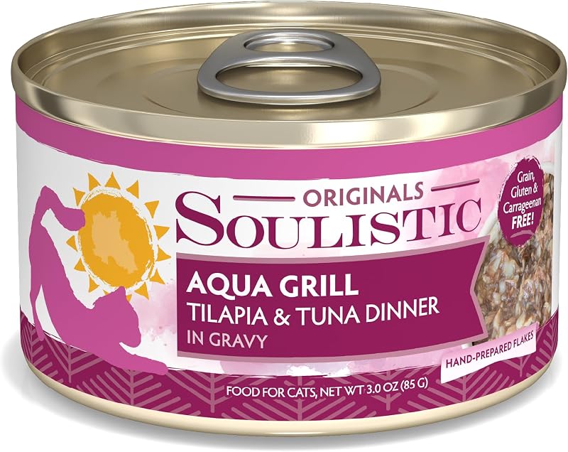 Ração úmida para gatos Soulistic Aqua Grill com tilápia e atum ao molho, lata de 85 g, pacote com 12