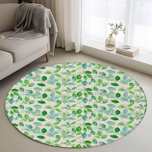 Miniatura 12 de Round Rugs 5ft, Green Leaves Non-Slip Area Rugs for Living Room Bedroom Entryway, Botanical Abstract Color Retro Plants Washable Carpet Runner Rug