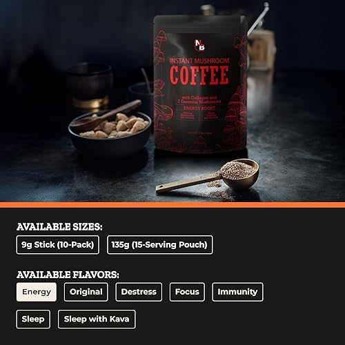 Miniatura 5 de Energy Boost - Café instantáneo de hongos  4.76 oz, bolsa de 15 porciones  Alternativa de café saludable y sustituto  con dinamina, colágeno, melena