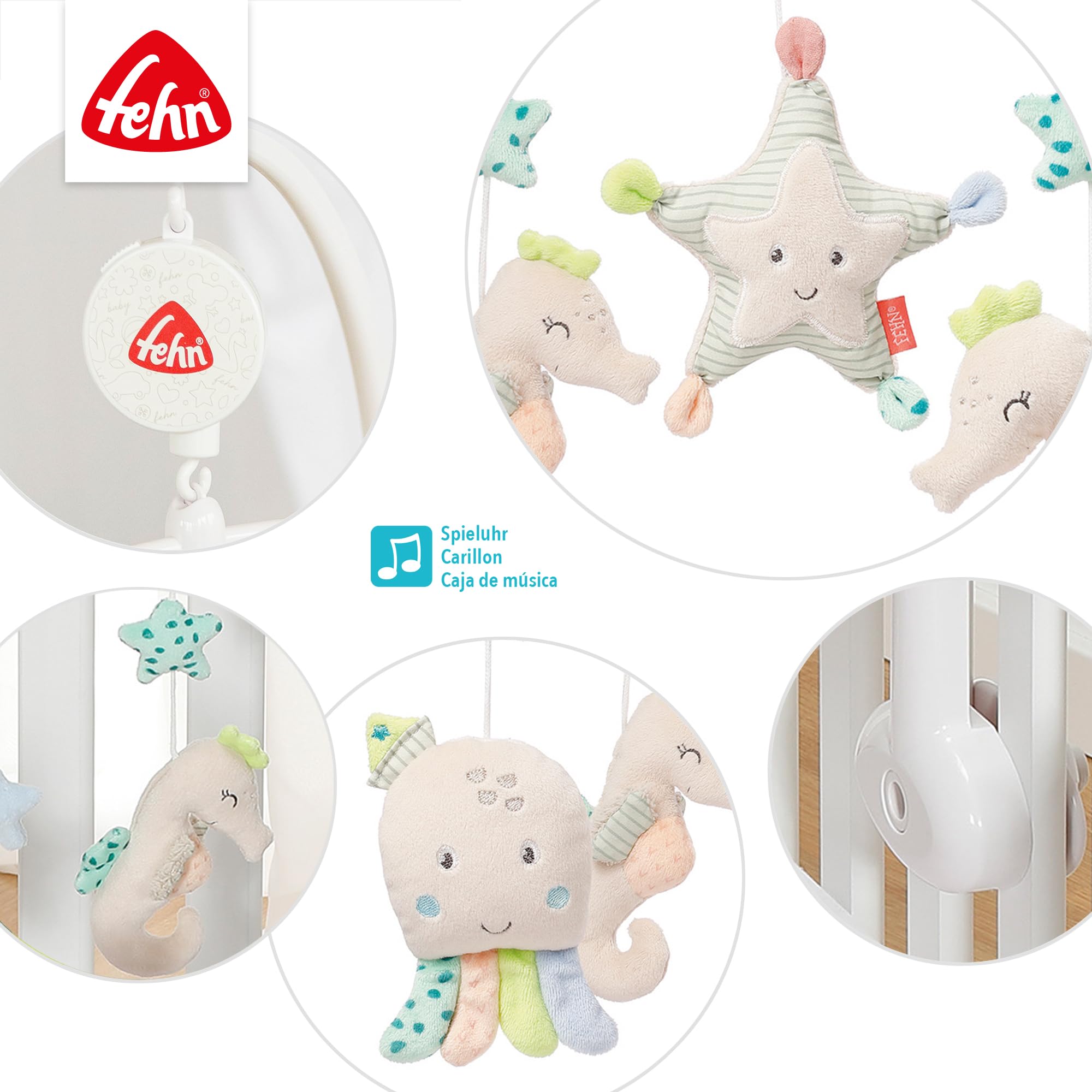 Fehn Música móvil Meereskinder - Mobile a carica con melodia Duerme niño pequeño duerme y figuras para tranquilizar y entretener - con fijación a la cama para bebés de 0 a 5 meses