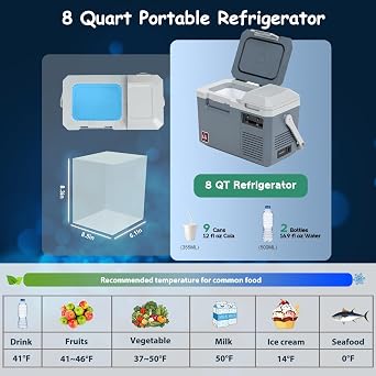Alpicool LGMP8 Portable Fridge 8 Quart 12 Volt Car Refrigerator Freezer,-4F ~122F,for Fishing, Camping, RV,Travel, Outdoor-12/24V DC, 110~240V AC