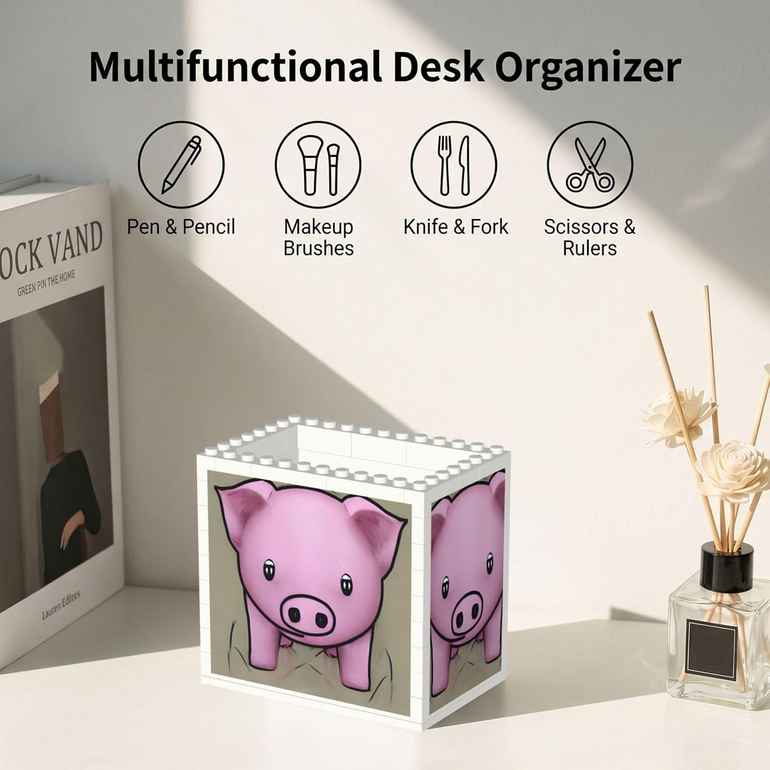 Powder Pig Print Uv Print Block Pencil Cup, Detachable Creative Block Desk Organizer Office Abs Pen Holder image 5