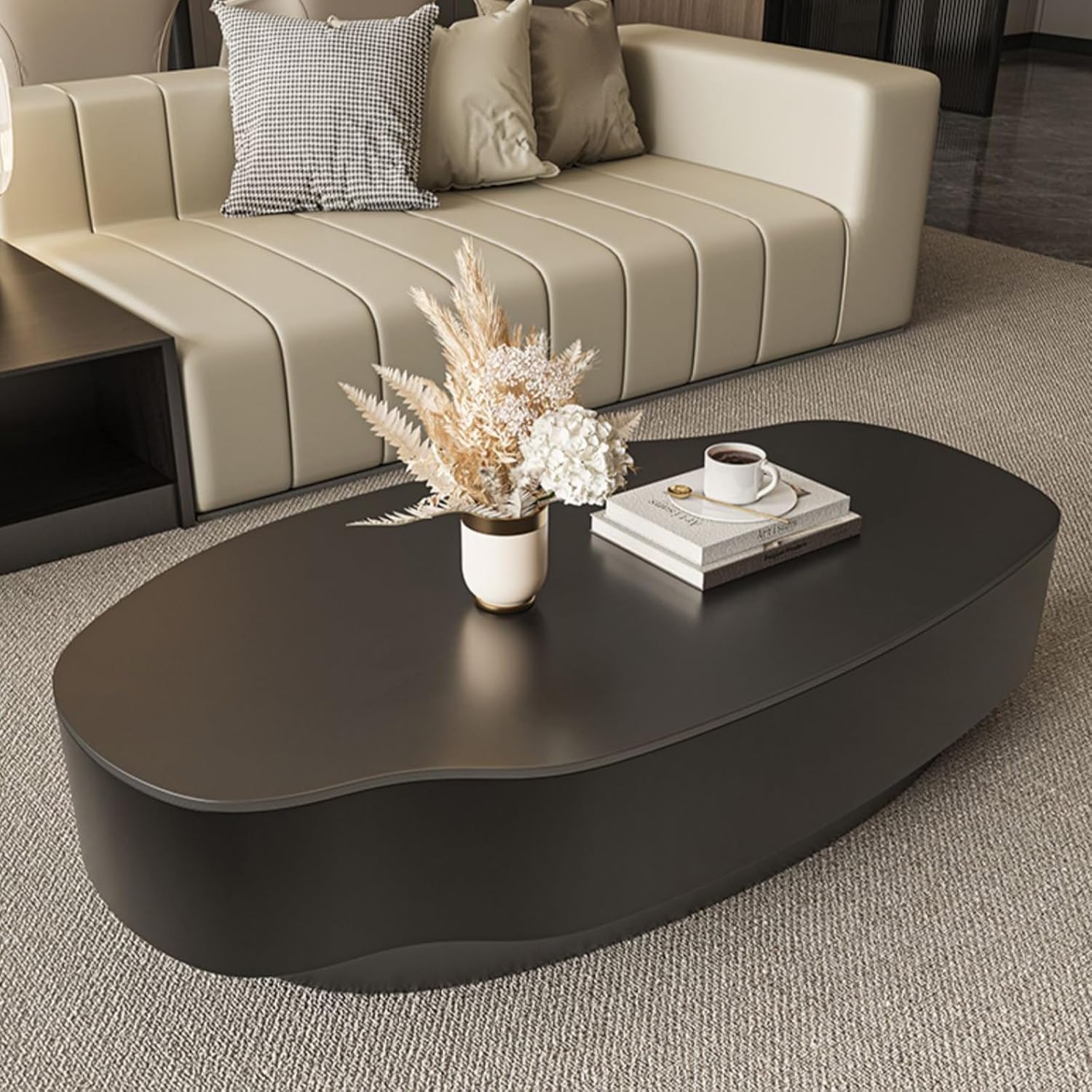 Modern Oval Coffee Table with Faux Marble Veneer Top, White Pedestal Base, Built-in Storage, Living Room Furniture, 47.2 Inches (Black, 120 * 60 * 33cm)