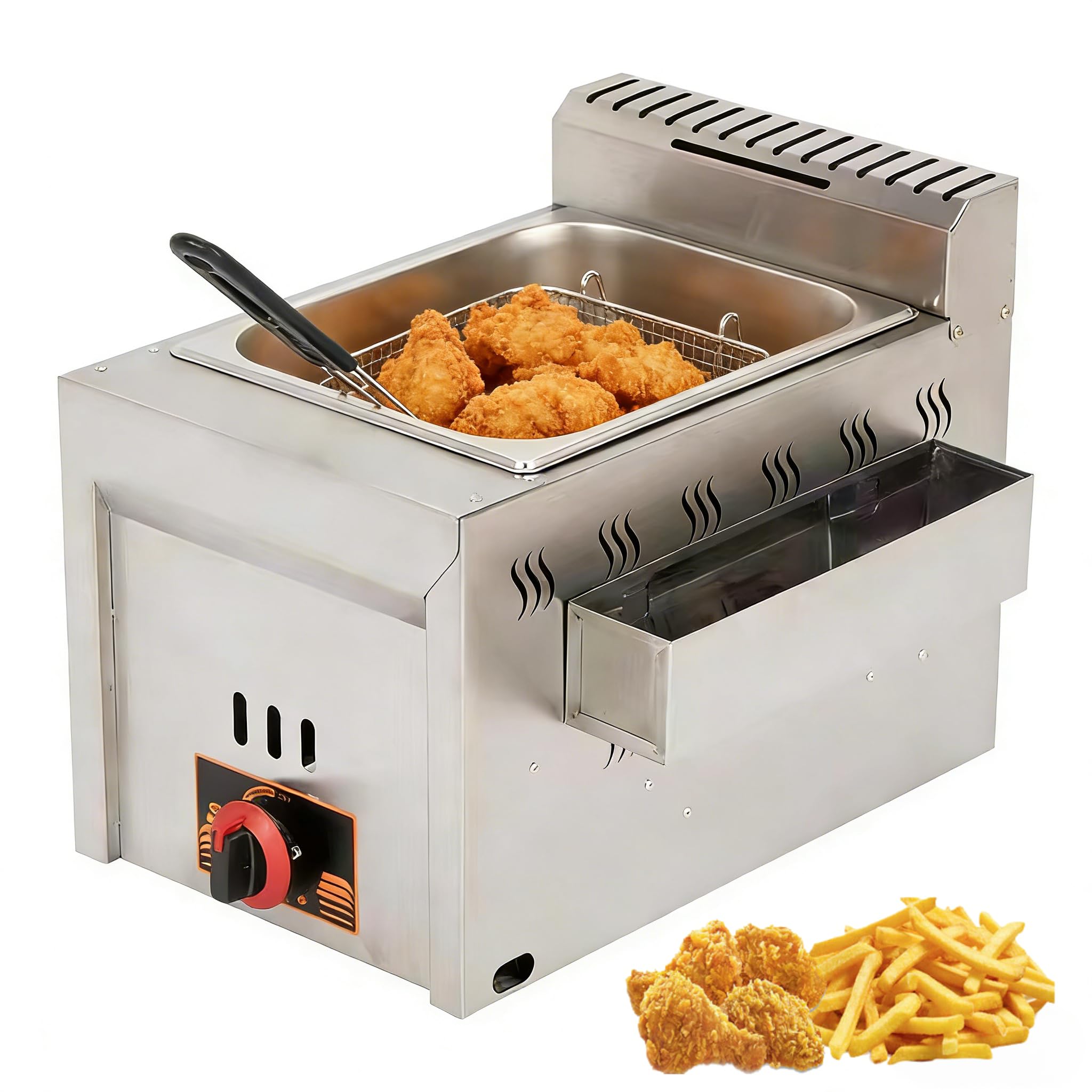 Freidora de Gas Profesional, Freidora Aceite 8L,Acero Inoxidable Grado Alimenticio, Cesta y Tapa de Malla Metálica Reforzada, Cesta ExtraÃble, para Cocinas Comerciales y Camiones de Comida.