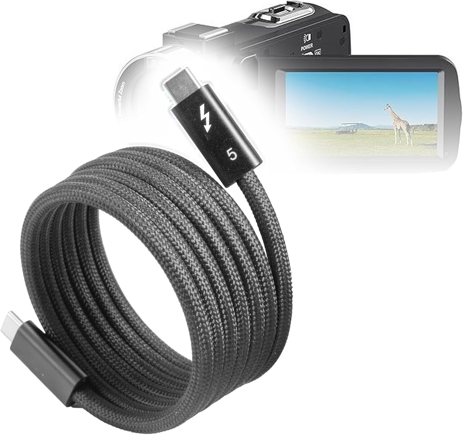 BoxWave Cable Compatible with Tixeuo DV087 - SnapWrap Thunderbolt 5.0 Cable (5ft 240W), Magnetic Self-Coiling Nylon Braided Retractable - Jet Black