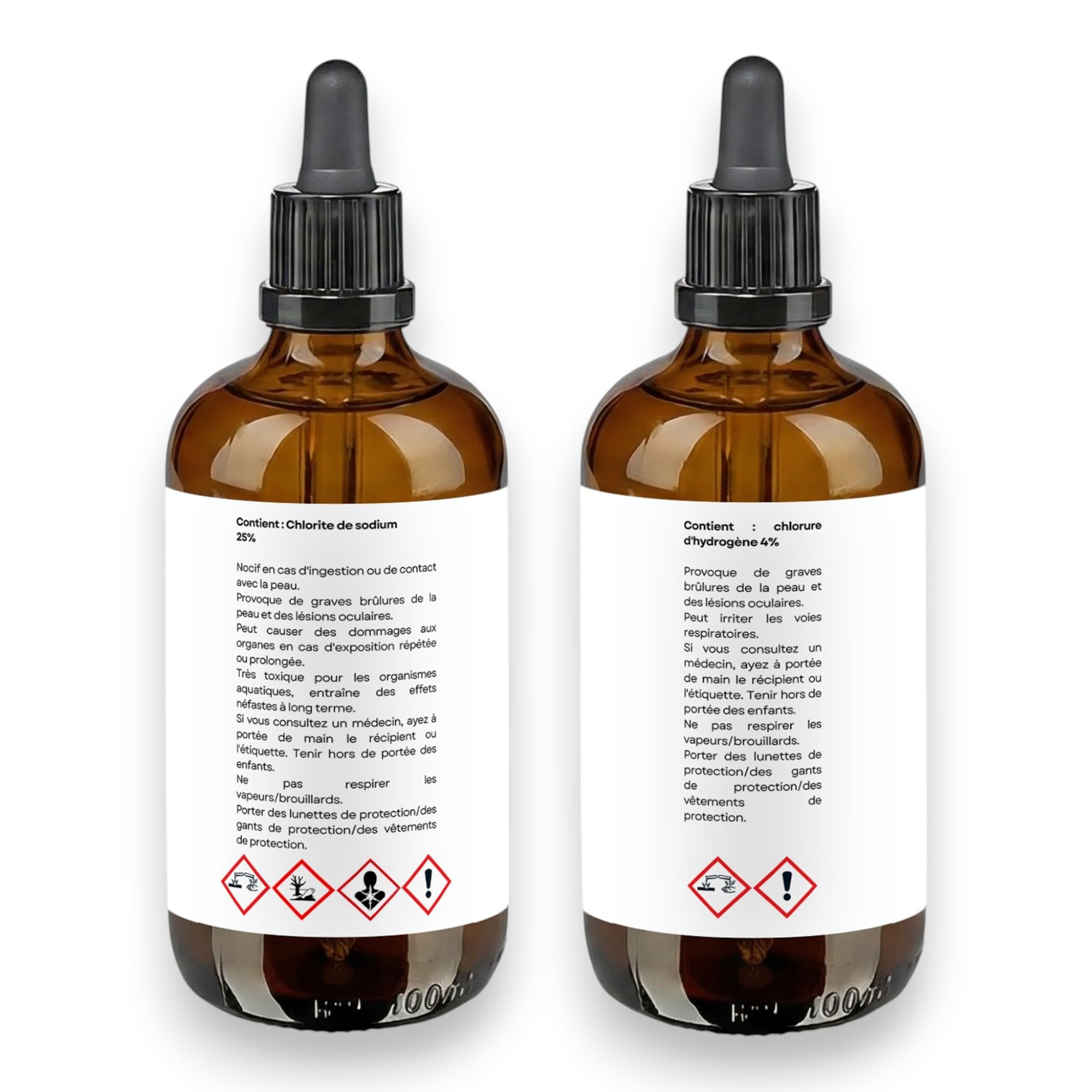 Dioxyde de Chlore - Kit de Production - 2 Flacons Compte-Gouttes en Verre de 100 ML - Chlorite de Sodium (NaClO2) 25% et Acide chlorhydrique (HCI) 4% - Désinfectant - Qualité supérieure