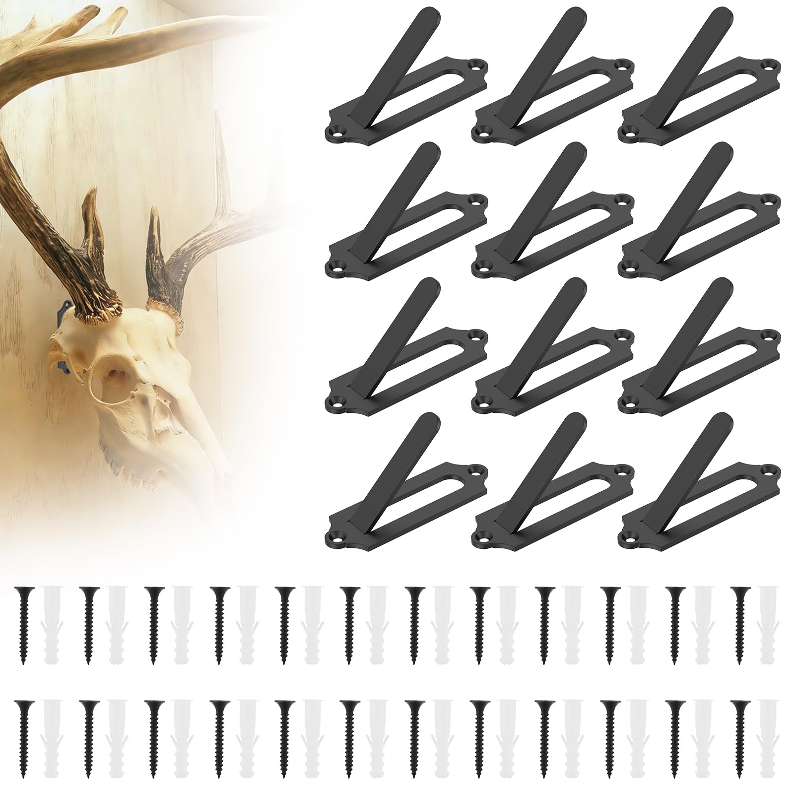 12 Pcs European Mount Skull Hanger Hooks, Heavy Duty Carbon Steel Deer Skull Wall Mount Brackets with Screws, Invisible Trophy Taxidermy Display Rack for Antelope, Bear, Wild Boar and Small Game Decor