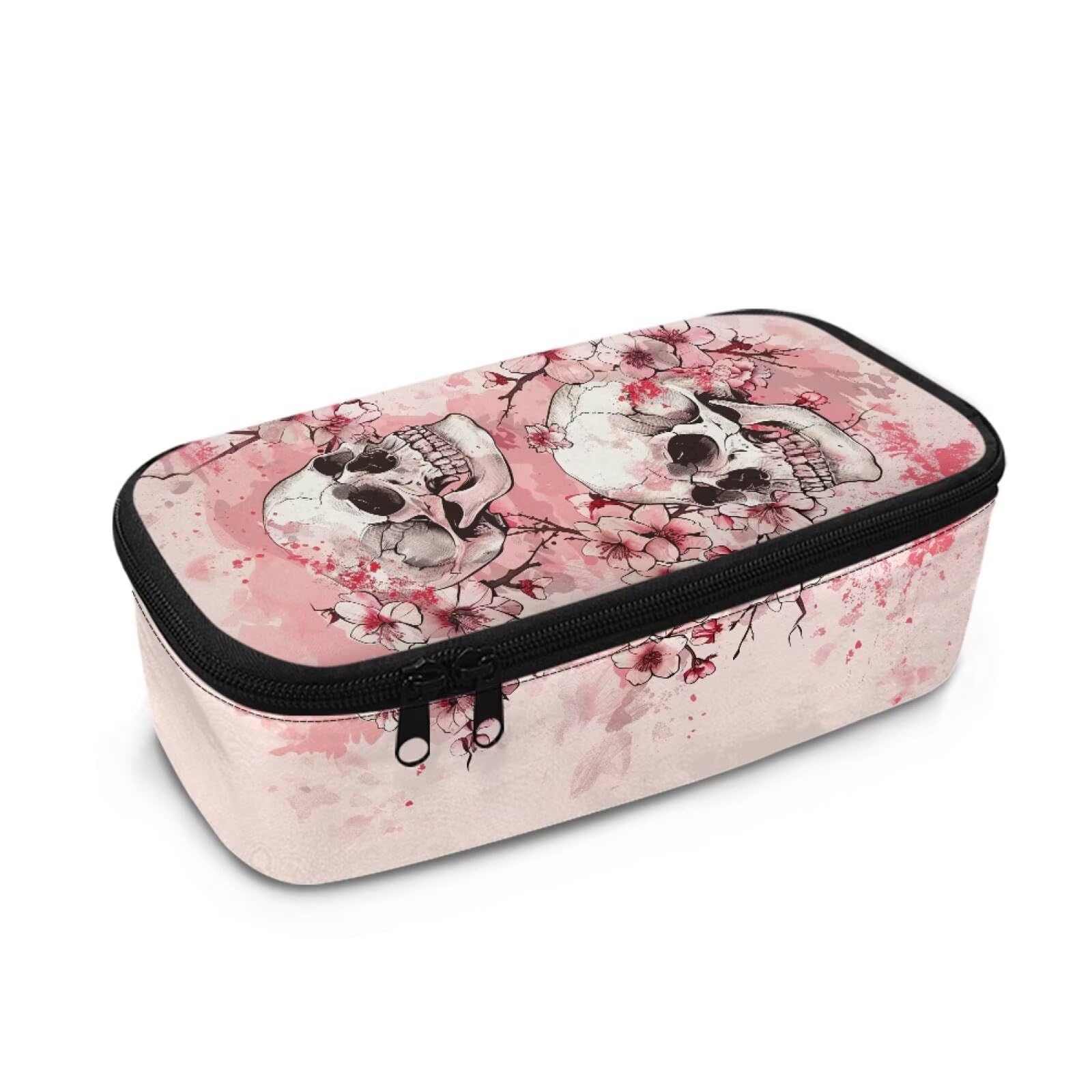 TOADDMOS Skull Pencil Case Pink Cherry Blossom Storage Pencil Pen Case Bag Multi-Functional Storage Bag Fashion Maker Pencil Pouch for Women Girls