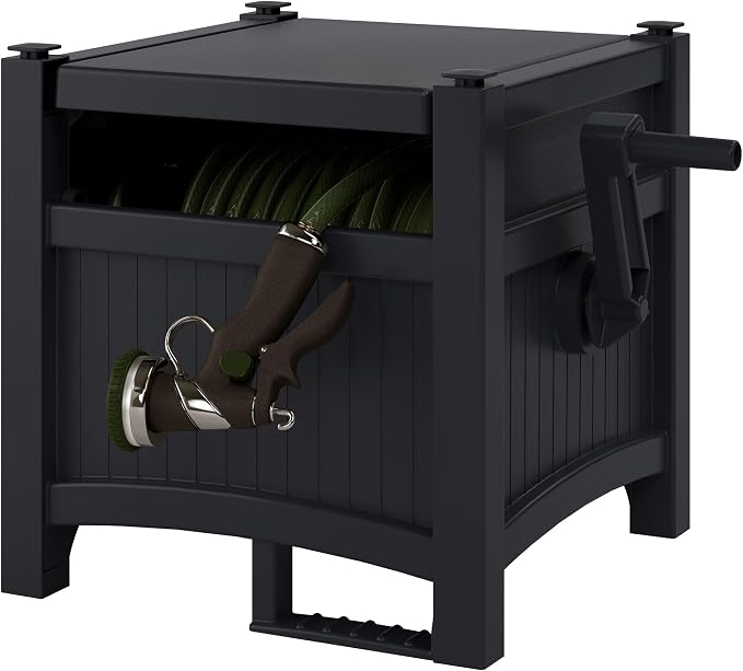 100 ft. Hideaway Hose Reel, Gray,Black - Stores Up to 100ft of 5/8" Vinyl Hose, Durable Resin Construction, No Assembly Required (21"W x15.5"D x16"H) (Black)