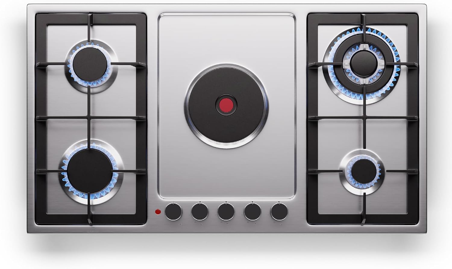 Klarstein MultiChef 5 Gas Electric Hob 4 Gas & 1 Electric Cooking Zone 10100 W Stainless Steel Automatic Ignition & Shut-Off Cast Iron Pan Stand LPG & Natural Gas Compact 87 x 8 x 50 cm
