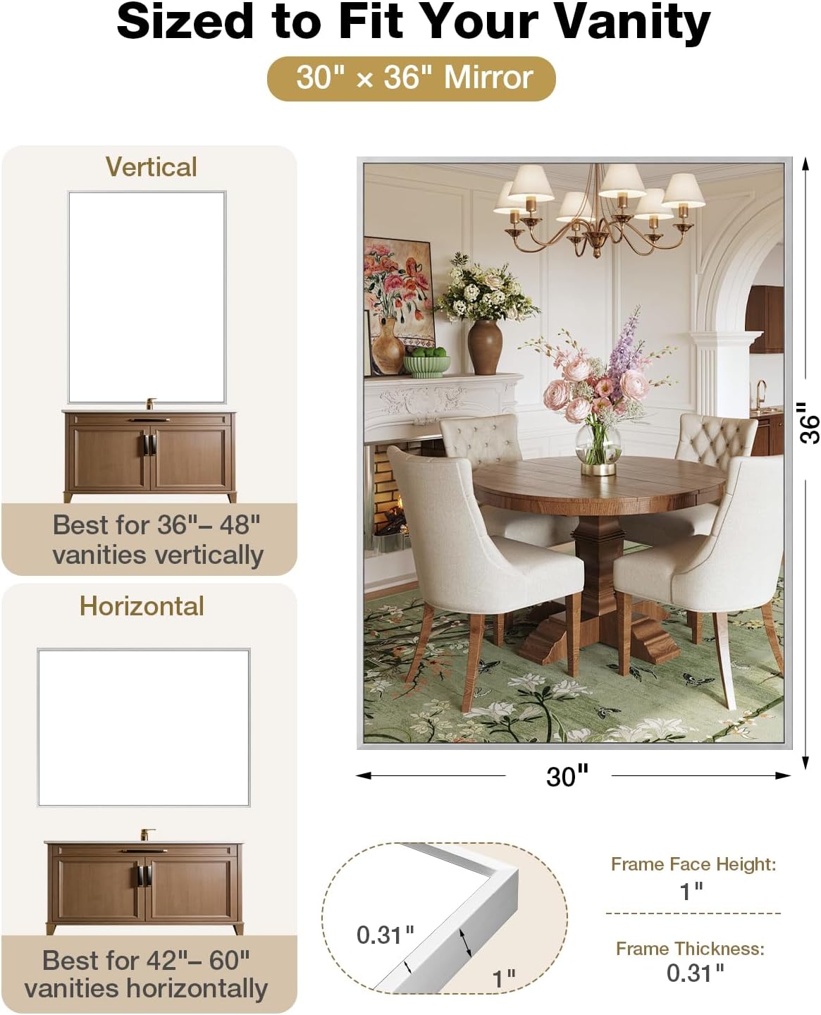 24x36 Inch Brushed Nickel Bathroom Mirror for Over Sink, Rectangular Vanity Mirror Wall Mounted, Tempered Glass Aluminum Frame Mirror, HD Reflection Bathroom Mirror, Horizontal or Vertical
