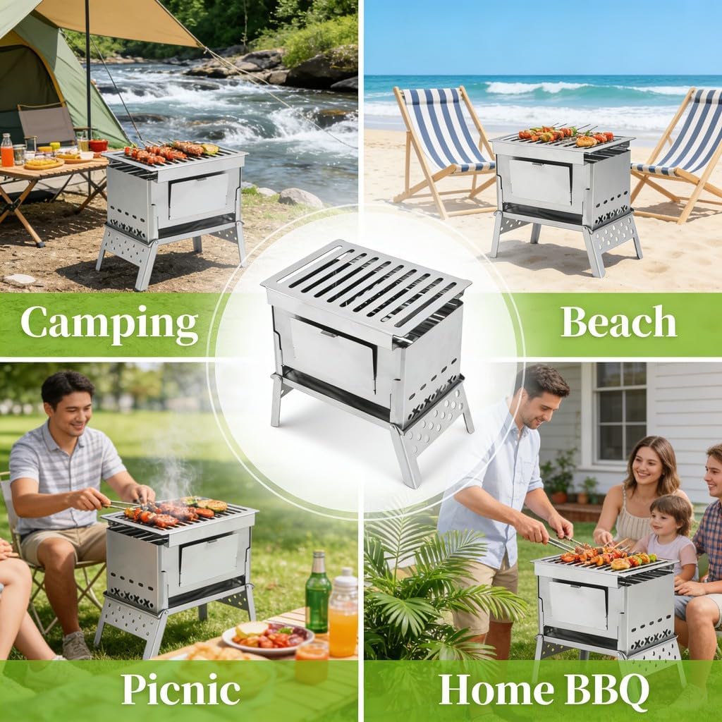 Foldable Flip BBQ Grill Stainless Steel Portable Detachable Charcoal Cooking Stove, Small Size, Lightweight - Easy Setup, Proof, Ideal for Outdoor Camping and Picnic