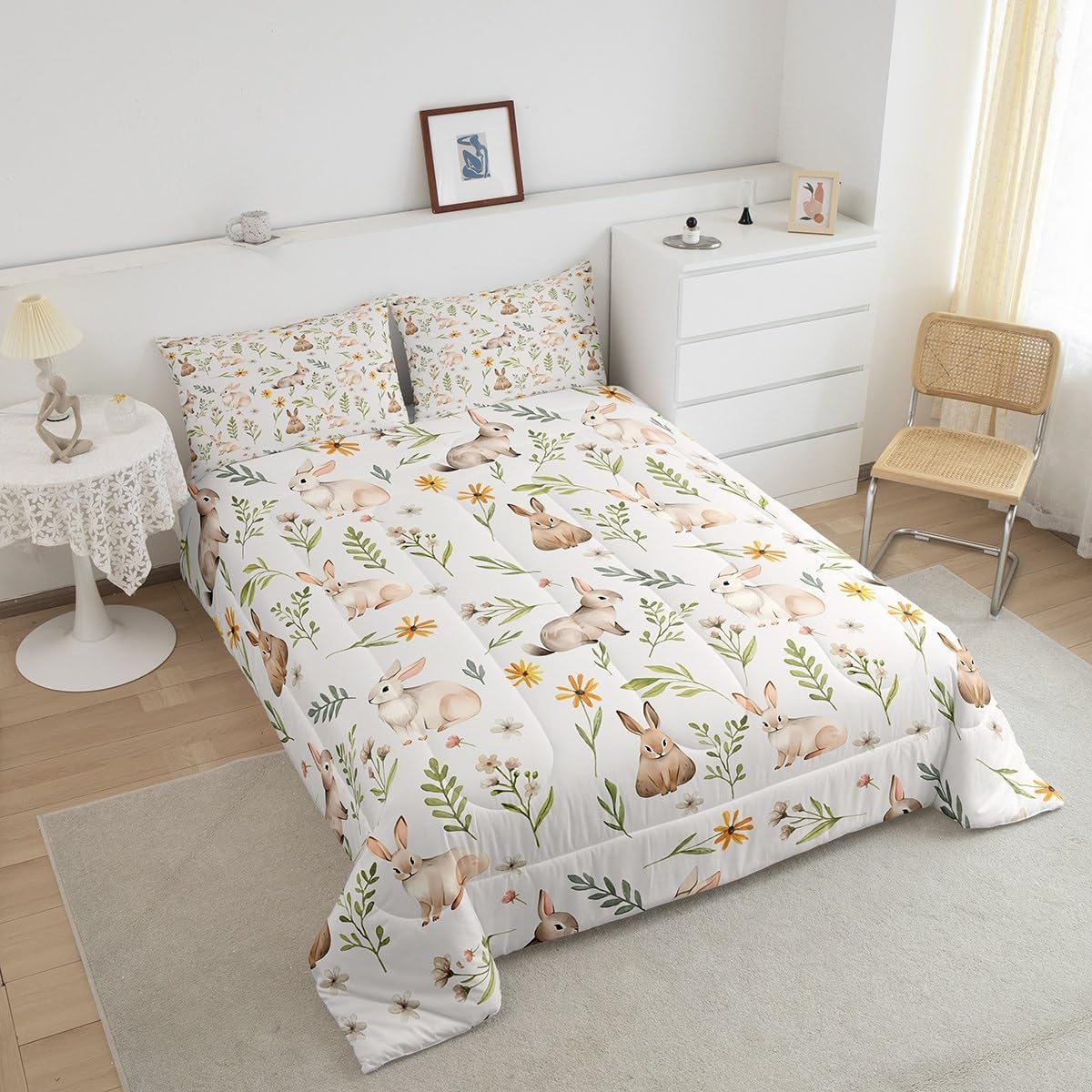 Feelyou Cute Rabbit Comforter Set for Girls Boys Kids Queen Size Happy Easter Comforter Room Decorative Easter Bunny Bedding Set Floral Botanical Print Duvet Set 3Pcs Quilt Set
