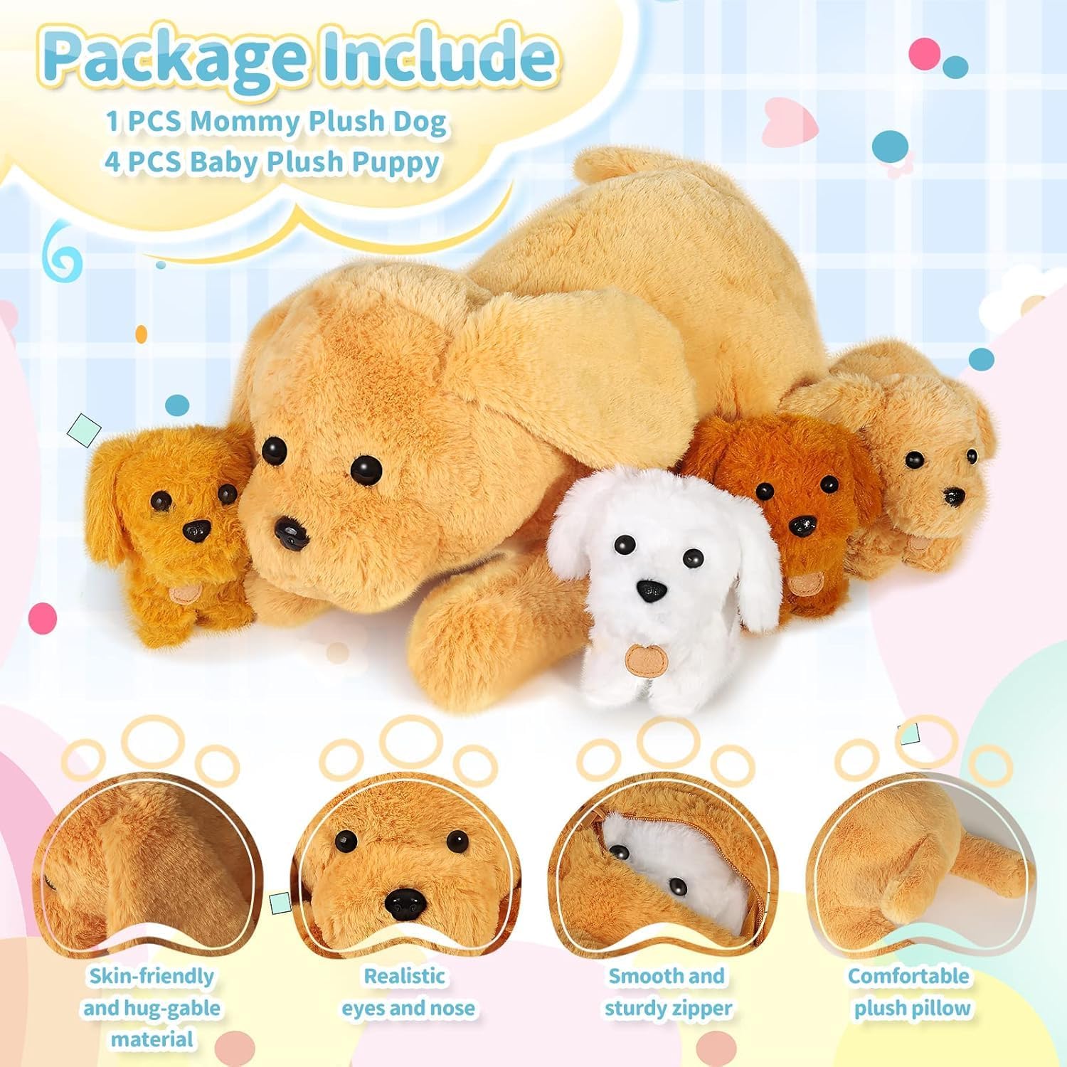 KMUYSL Puppy Stuffed Animals Toys for Ages 0 1 2 3 4 5 6 7 8+ Years Old Kids - Mommy Dog with 4 Baby Puppies in Her Tummy, Idea Xmas Birthday Gifts for Baby, Toddler, Girls, Boys - Image 6