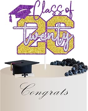 Class of 2026 Cake Topper, Congratulations, You Did It/Congrats Grad, High School/College Graduation Party Decorations, Purple Silver and Gold Glitter