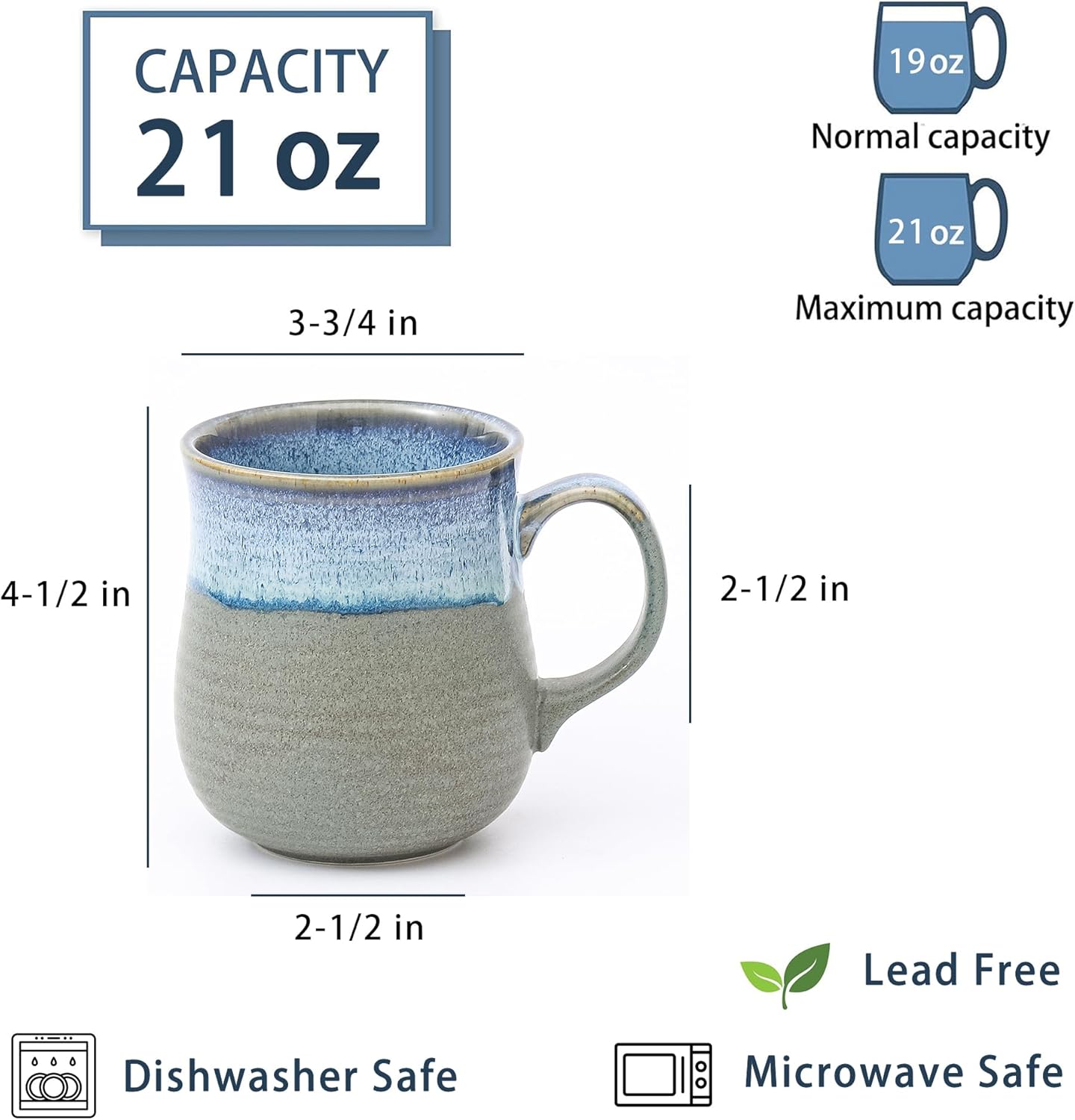 21 oz Large Ceramic Coffee Mugs, Pottery Mug Handmade, Ceramic Tea Cups with Handle for Office and Home, Dishwasher and Microwave Safe (Blue Grey) - Image 2