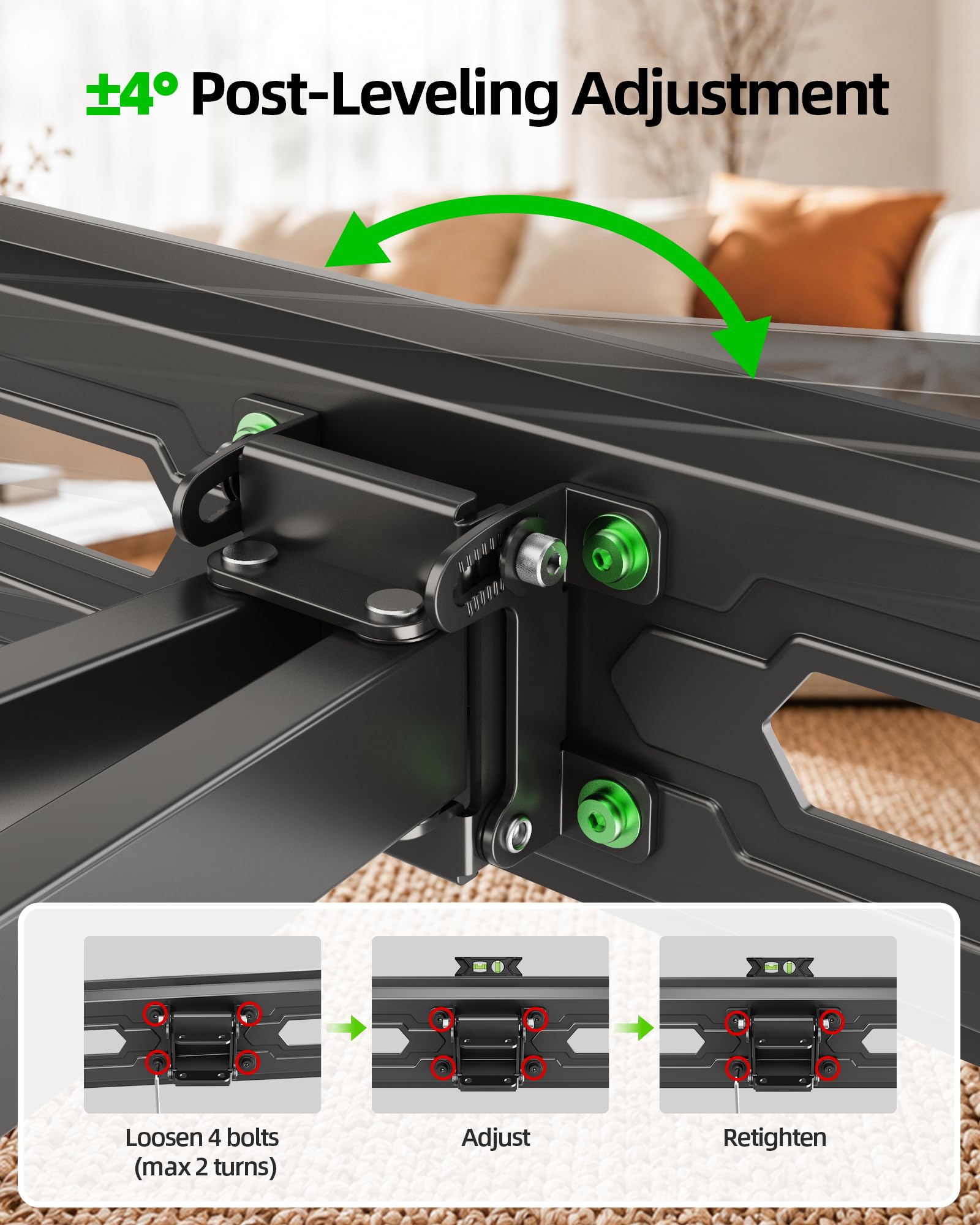 USX MOUNT TV Wall Mount for 32-74 inch Flat Screen/LED/4K up to 110lbs, Full Motion TV Mount Bracket with Swivel & Tilt Articulating Dual Arms, Max VESA 400x400mm, Fits 12/16" Wood Studs — Amazon image 8