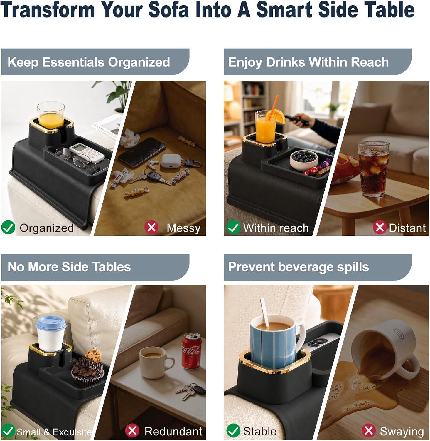 Couch Cup Holder Tray, Silicone Sofa Armrest Organizer for Recliners, Black