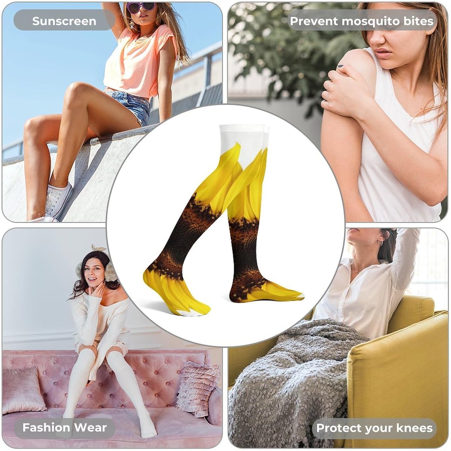 Flower Sunflower Knee High Stockings for Women 23.6" Breathable Thigh High Stockings Over The Knee Socks
