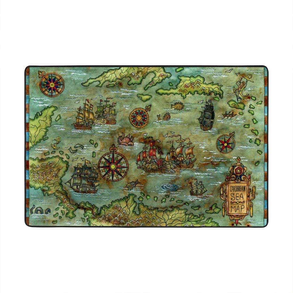 Tapis de sol bleu Caraïbes en velours corail premium motif carte marine antique