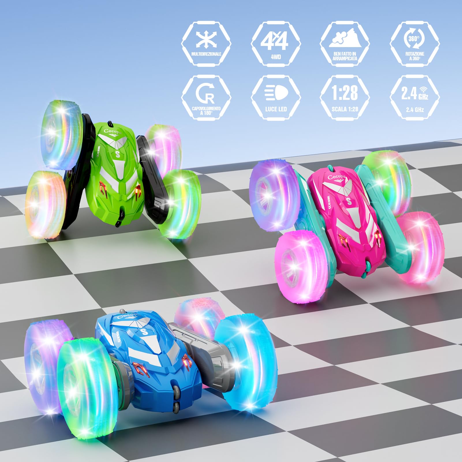 Cocopa Macchina Telecomandata per Bambini con Luce, Giochi Bambini 4 5 6 7 8 9 Anni, Regalo Bambino 3-12 Ragazzi Regali Giocattoli Natale Compleanno, Auto Radiocomandata 4X4 Truck Giochi Esterno (Blu)