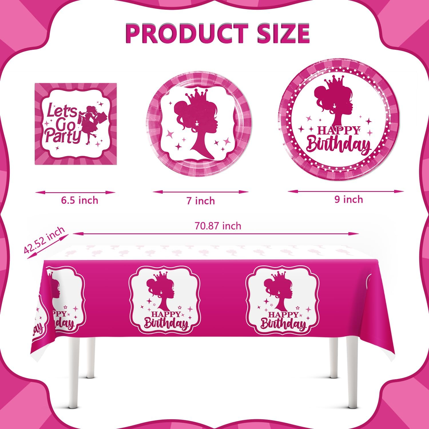 213Pcs Girl Birthday Decorations Serves 25 - Dessert & Lunch Paper Plates, Balloons, Napkins, Paper Cups, Tablecloth & Cake Topper - for 18th 21st Birthday Decorations for Girls