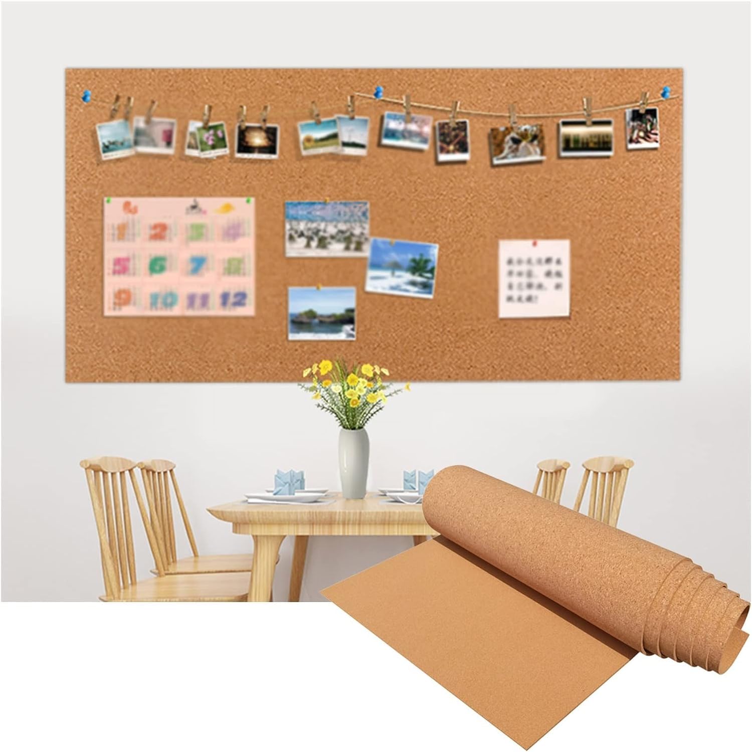 Rouleau de tableau en liège autocollant – Feuille de liège de 8 mm d'épaisseur (1,22 x 4,92 m) pour tableaux d'affichage, décoration murale, notes de bureau, affichage photo, loisirs créatifs