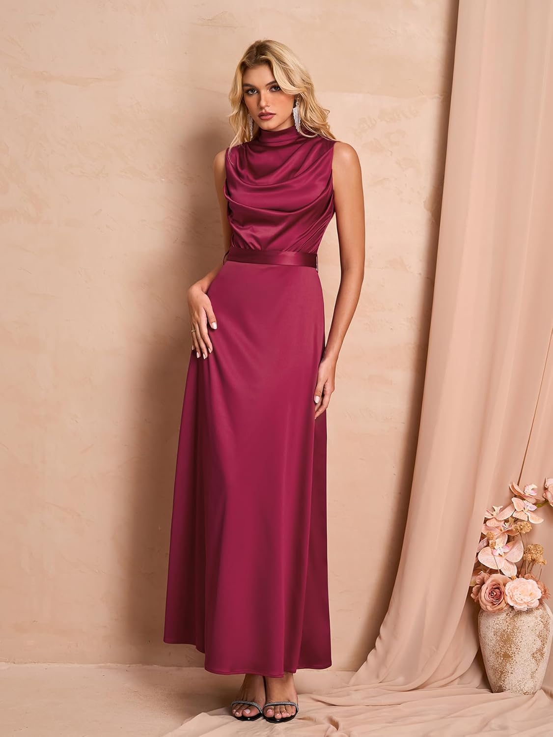 Women Satin Formal Long Dress Elegant Mock Neck Ruched Cocktail Wedding Guest Party Maxi Dress with Belt - Image 5