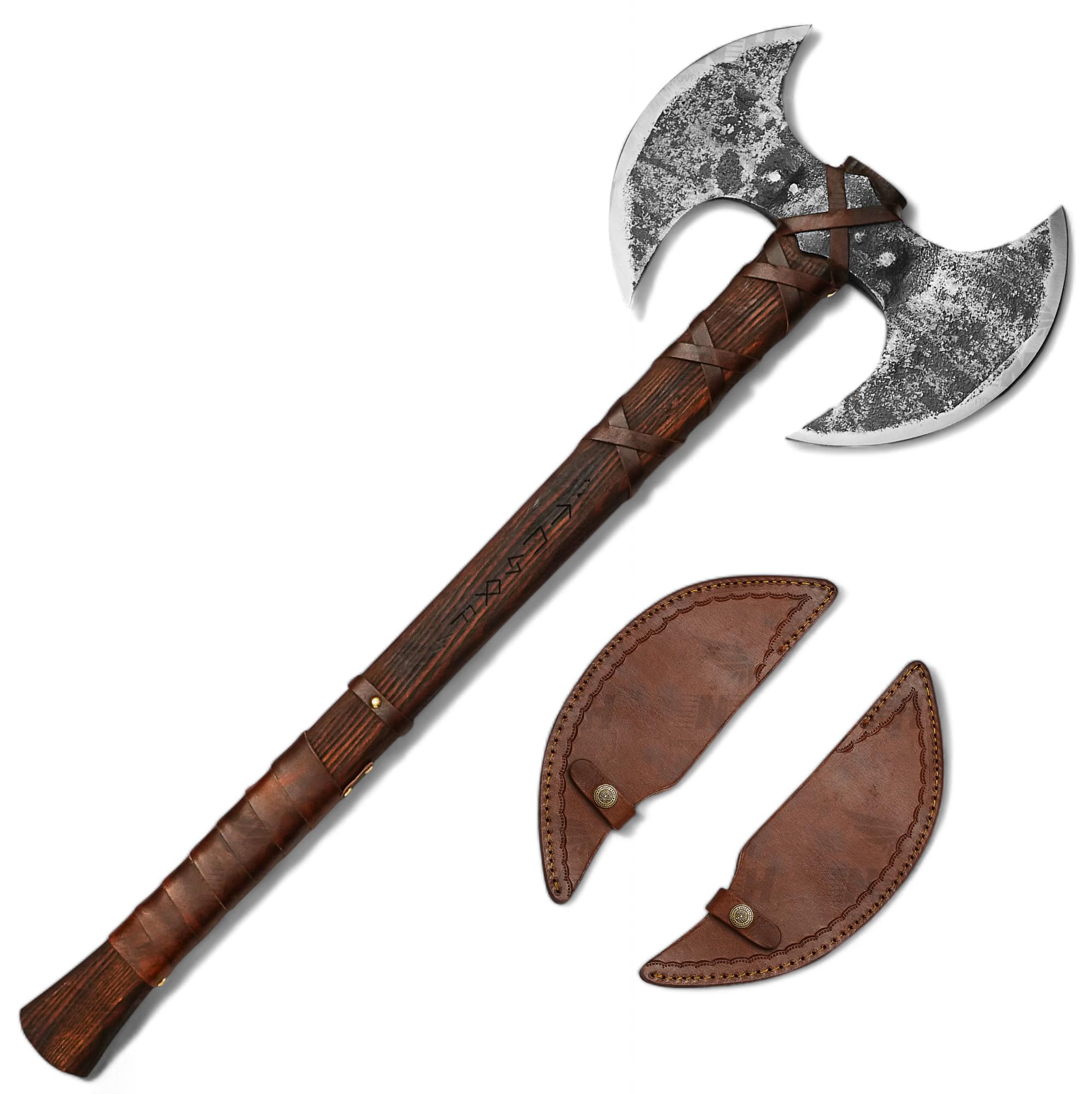Novahaven Hacha Vikinga de Doble Hoja Forjada a Mano en Acero al Carbono con Mango de Fresno, Regalo para Amantes de Hachas y de Historia