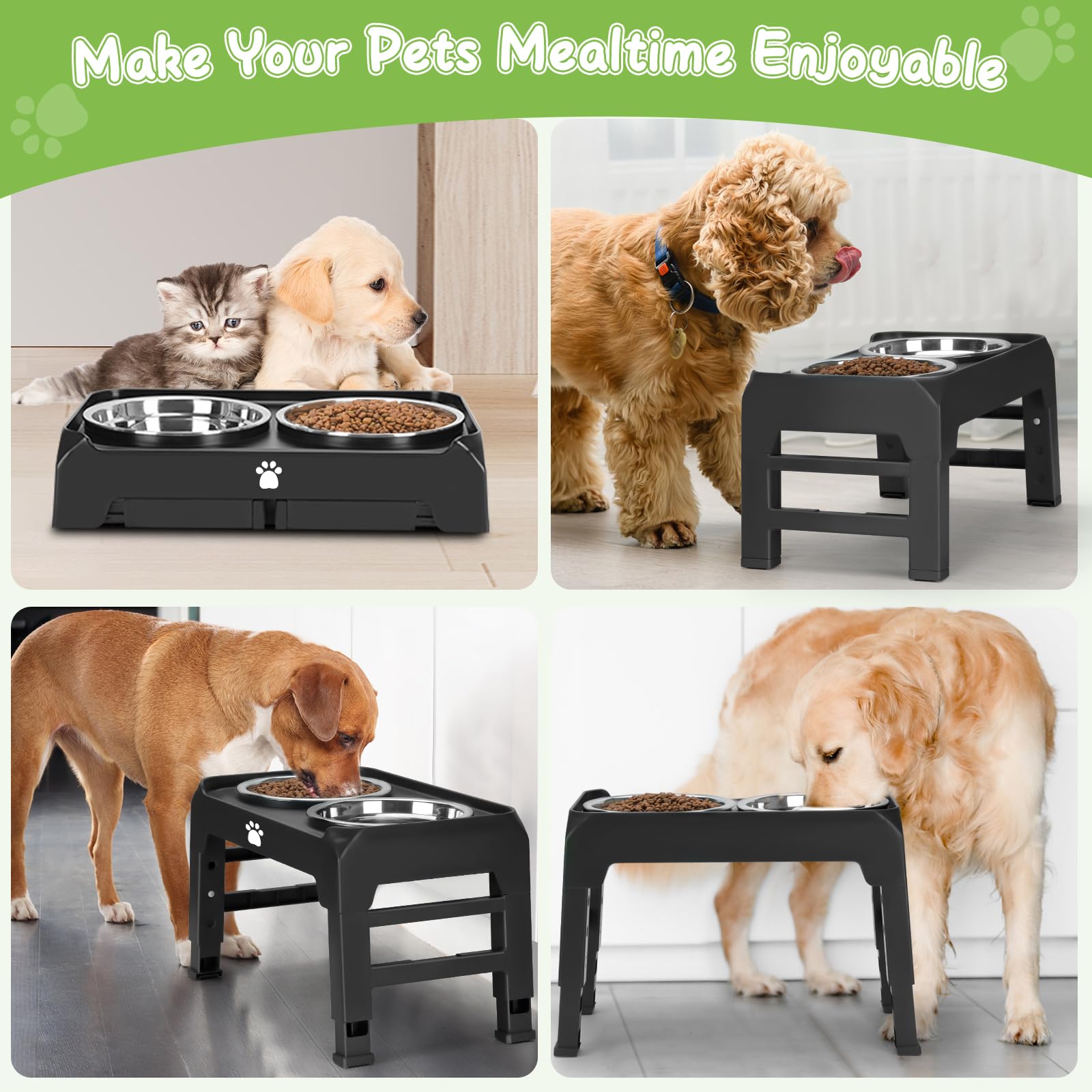 AIRMX Cuencos elevados para perros de altura ajustable con 2 cuencos de acero inoxidable para comida para perros, comedero plegable antideslizante para perros medianos y grandes, se ajusta a 12.4