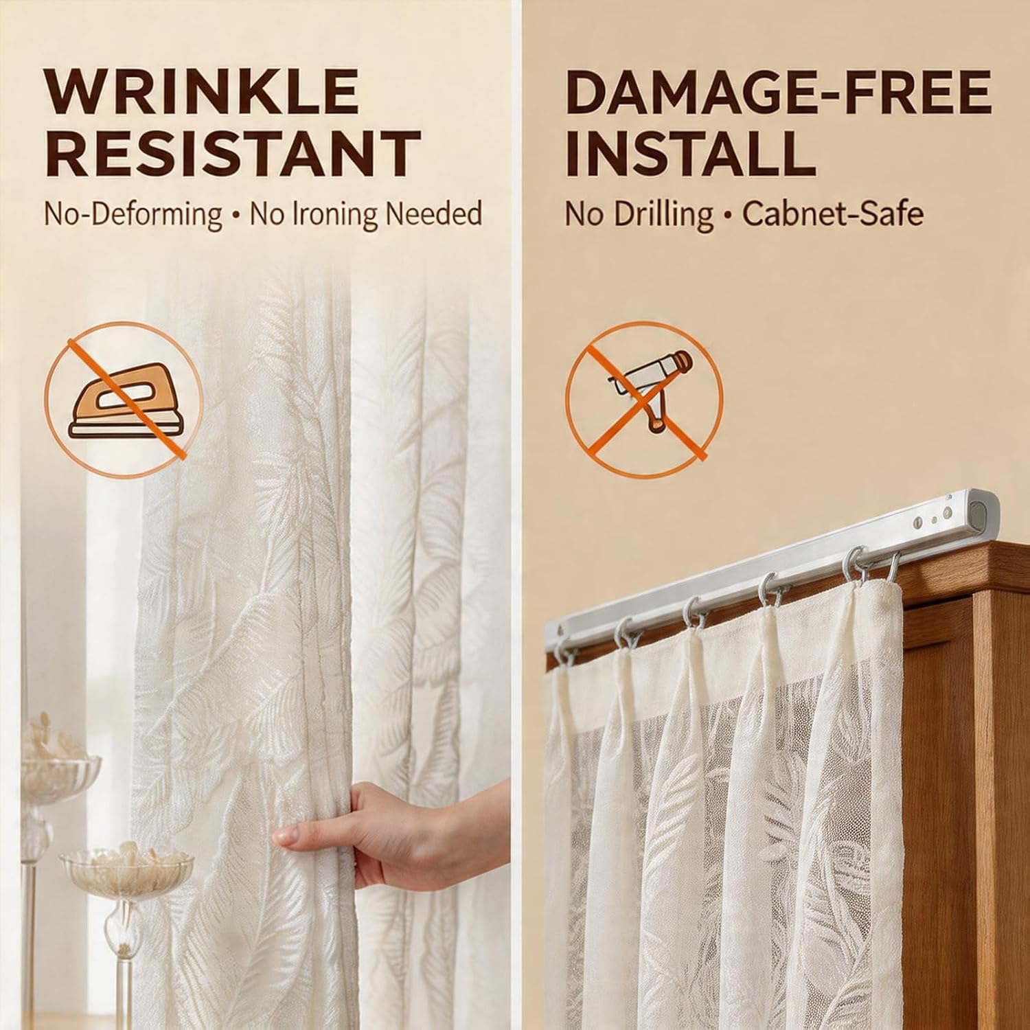 Cabinet Skirt Curtain for Kitchen, No Drill Cabinet Curtains with Adhesive Track, Wrinkle-Resistant Folding Privacy Drape for Pantry & Under Sink, Invisible Hanging Divider