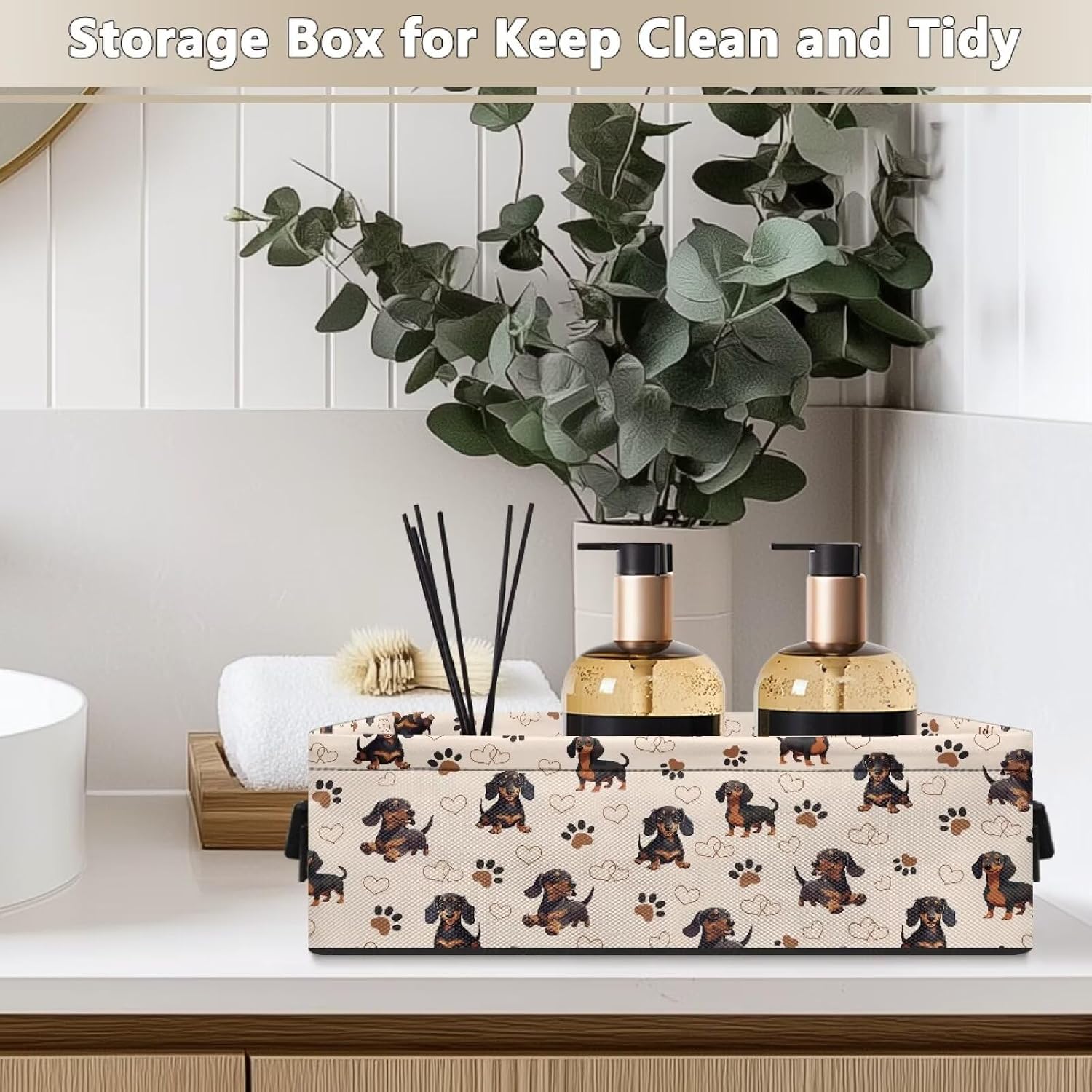 Toilet Paper Baskets Small Storage Bins Collapsible Storage Basket Office Home Organization Shelf Bin for Kitchen Living Room Bedroom Laundry Decor, Dachshund Dog Paw Love Beige image 3