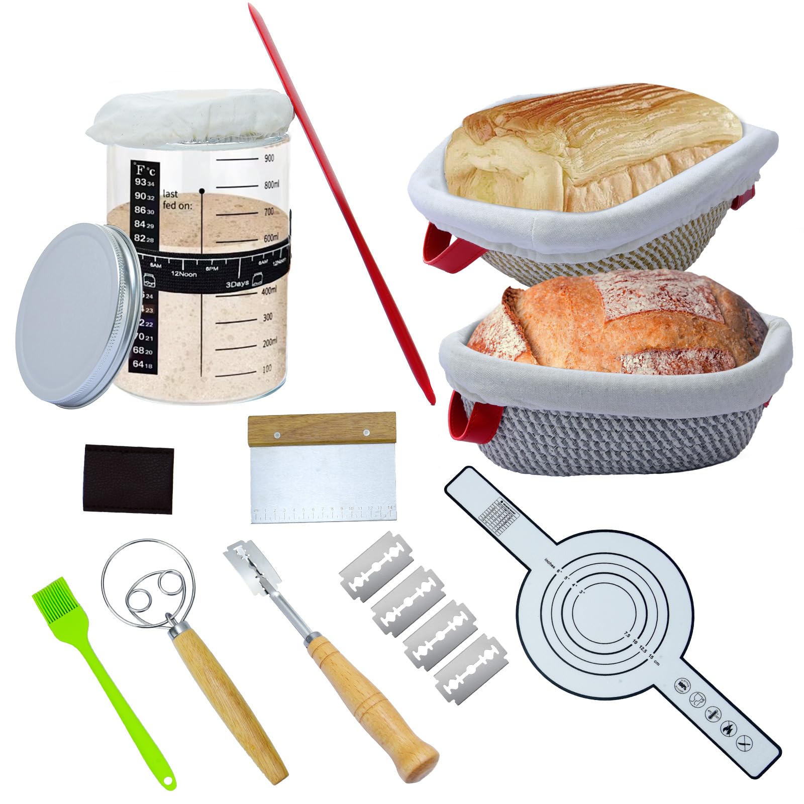 Banneton Pour Pain Ensemble De Cuisson, 11PCS Levain Ensemble De Pain Avec 2 Paniers De Levain, Couteau à Avec 5 Lames, Brosse, Grattoir Et Housse De Linge