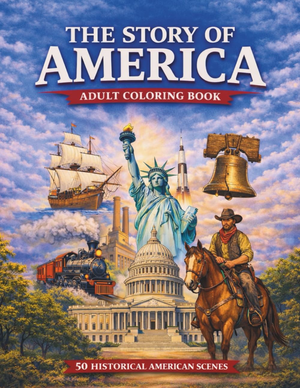 The Story of America: Adult Coloring Book: 50 Historical American Scenes
