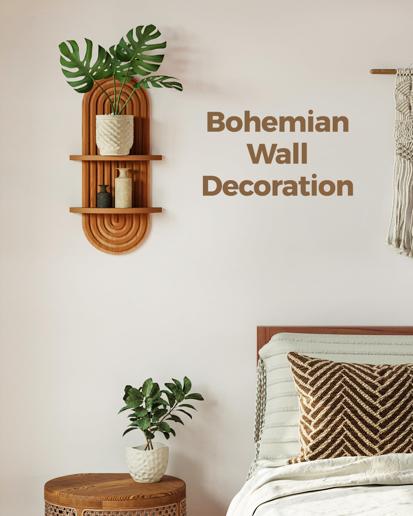 Boho Plant Wall Shelf - Wood Floating Shelves -3