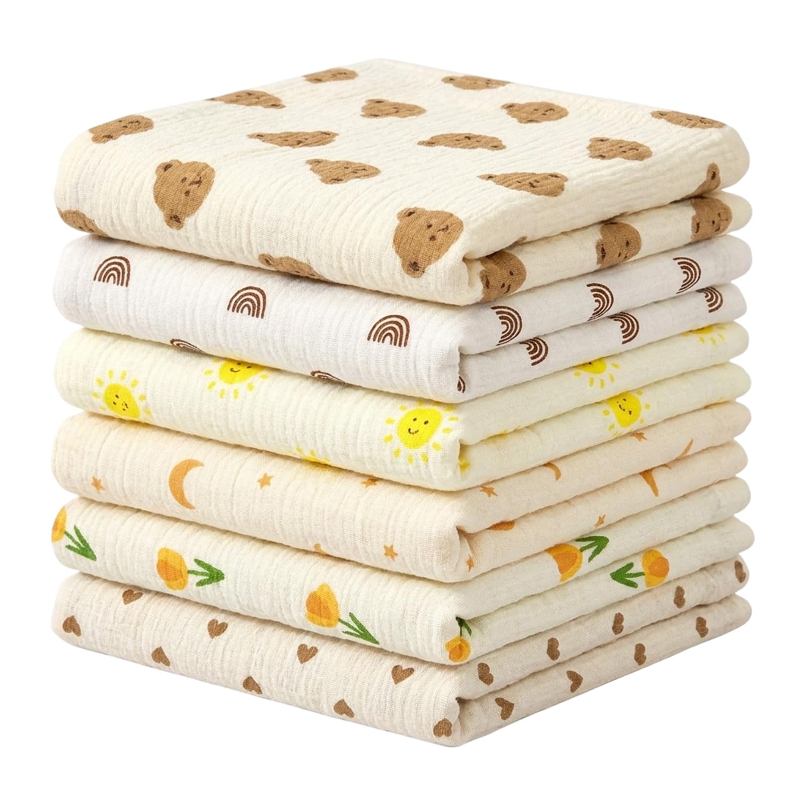 Burp Cloths for Newborn, 6-Pack Muslin Cloths for Baby, Soft Baby Muslins with Rainbow, Tulip, Star and Moon Designs, Ideal for Burping and Bathing, 25 x 25 cm