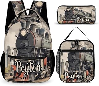 zaaprintblanket Custom Retro Steam Train Backpack 3 Piece Set Personalized School Backpack with Lunch Bag Pencil Case for Boys Girls Kids