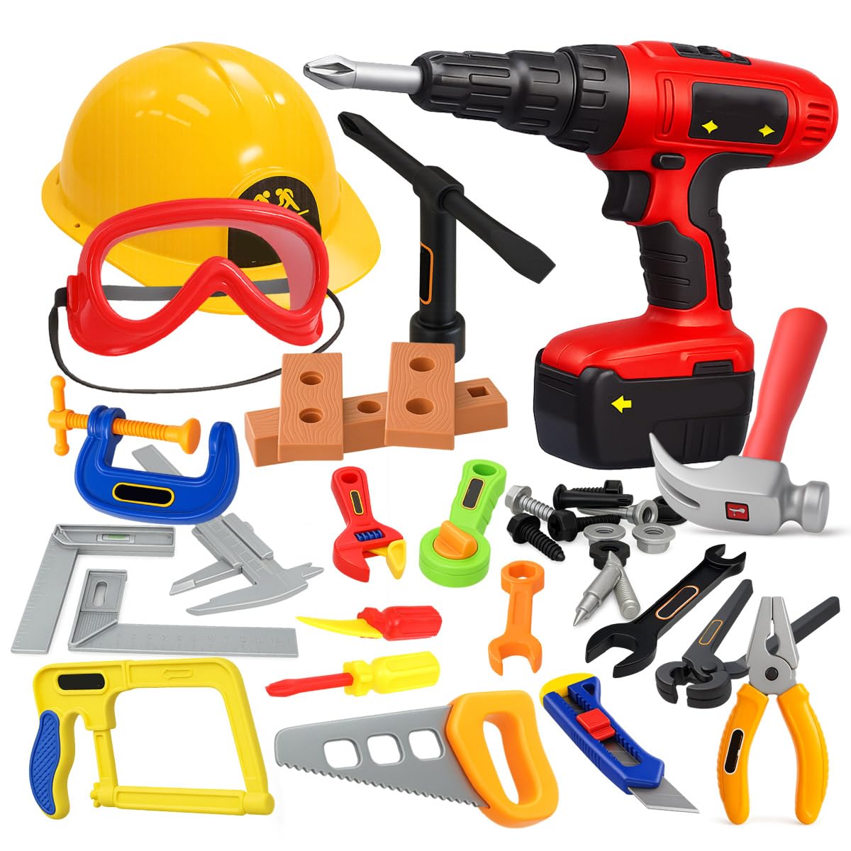 Kingsport 37PCS Kids Tool Set with Hard Hats and Electric Drill, Construction Pretend Play Builder Kit, DIY Tool Bench Accessories, Safety Goggles & Role Play Equipment for Boys & Girls Ages 3+ Years
