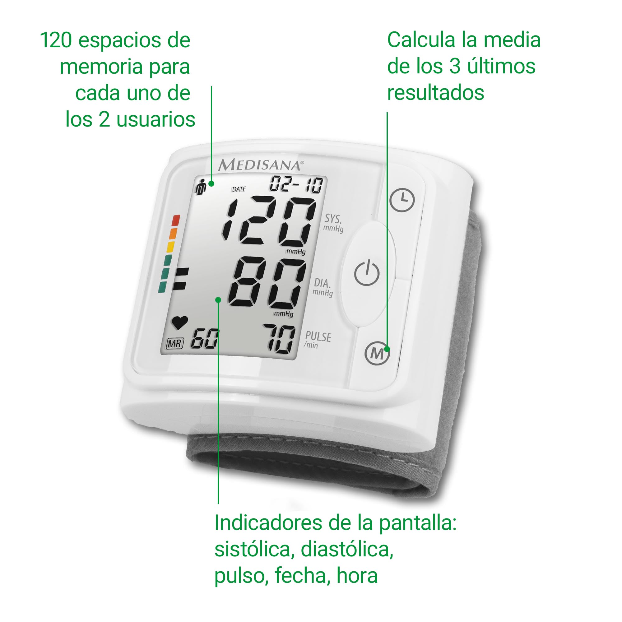 medisana BW 320 Tensiómetro de muñeca, Medición precisa de la tensión arterial y el pulso, Función de memoria, Pantalla grande de fácil lectura, Escala semafórica, Detección y aviso de arritmia