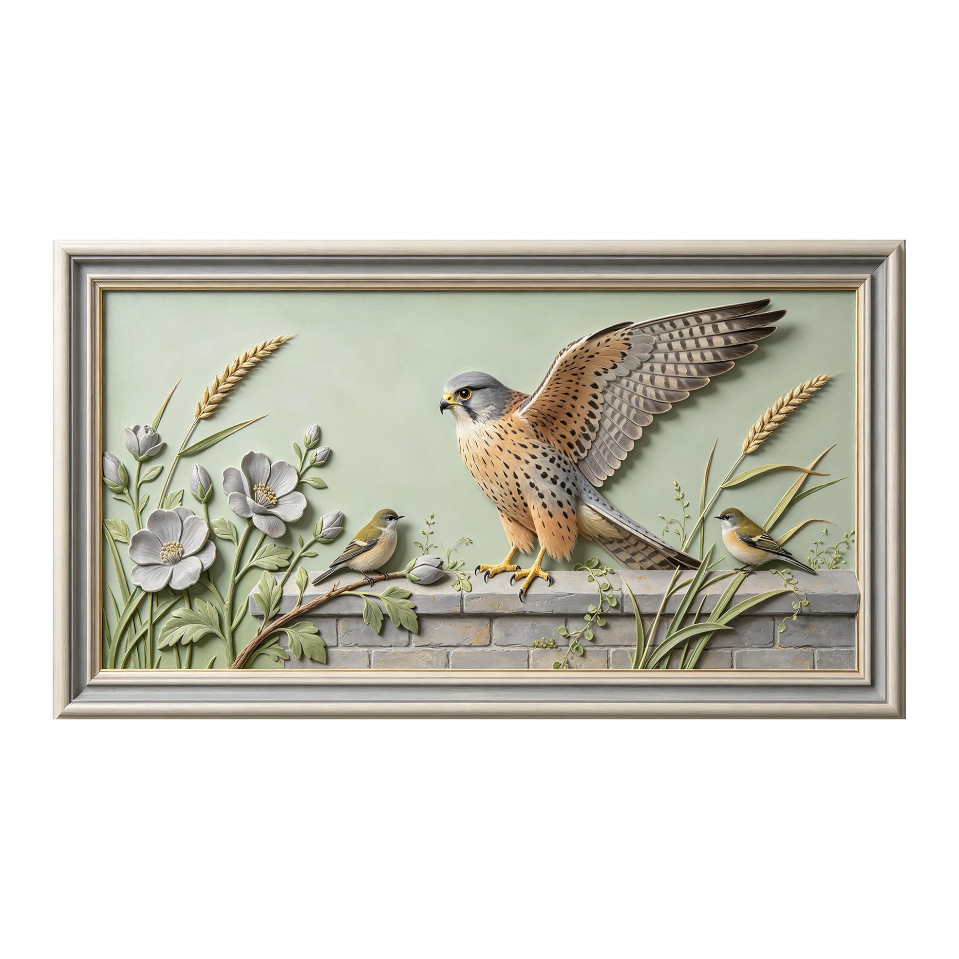 Murasolite 3D 3D Framed Wall Art 50cm×90cm Birds and Flowers Pastoral Relief Effect SelfAdhesive Fabric Mural Wall Decor, Peel and Stick No Damage to Wall for Bedroom Living Room