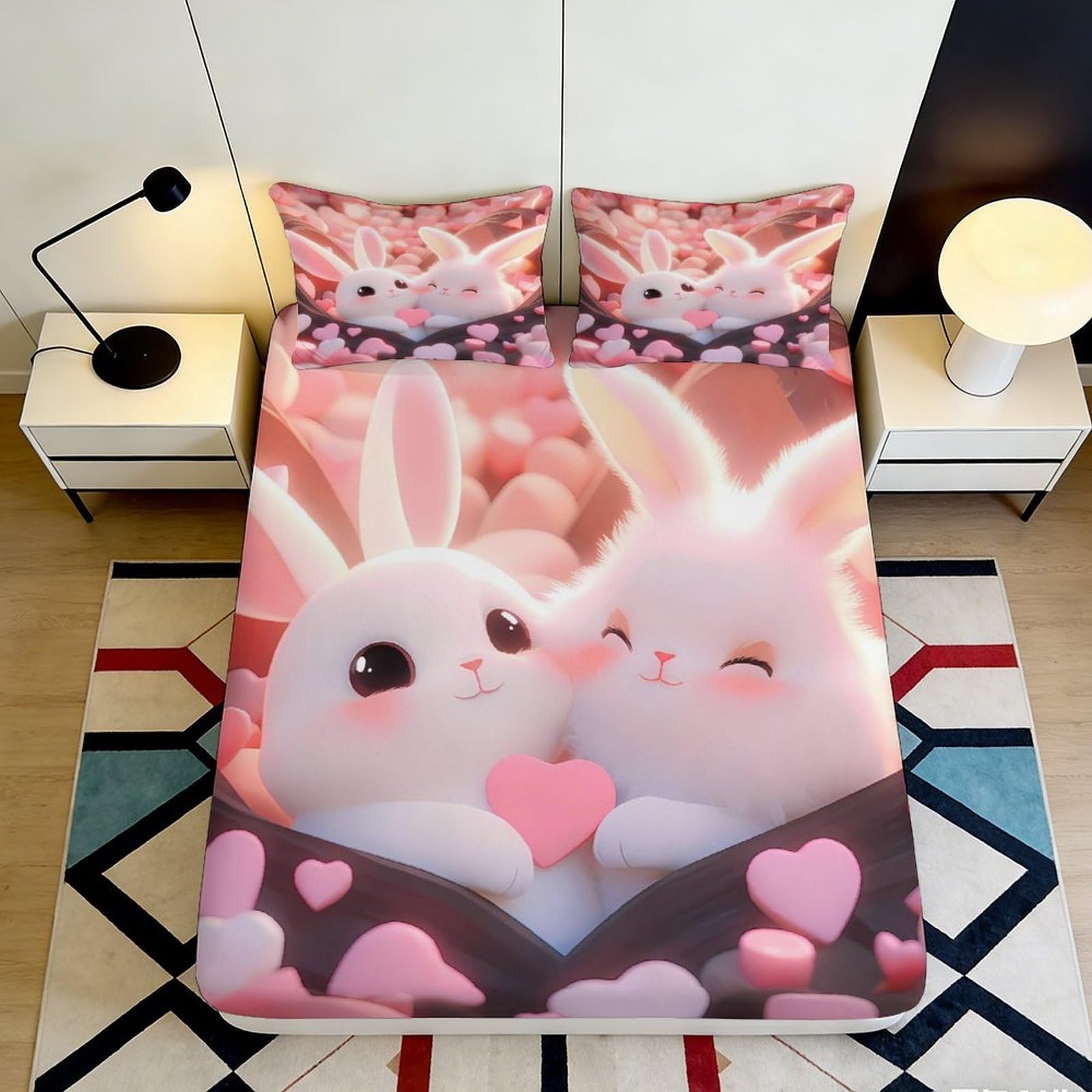 3D Printed Cute Rabbit Fitted Sheet Microfiber Deep Pocket Non-Slip Bedding Cartoon Bunny Mattress Fitted Cover Washable Bedroom Use 90x200x25cm
