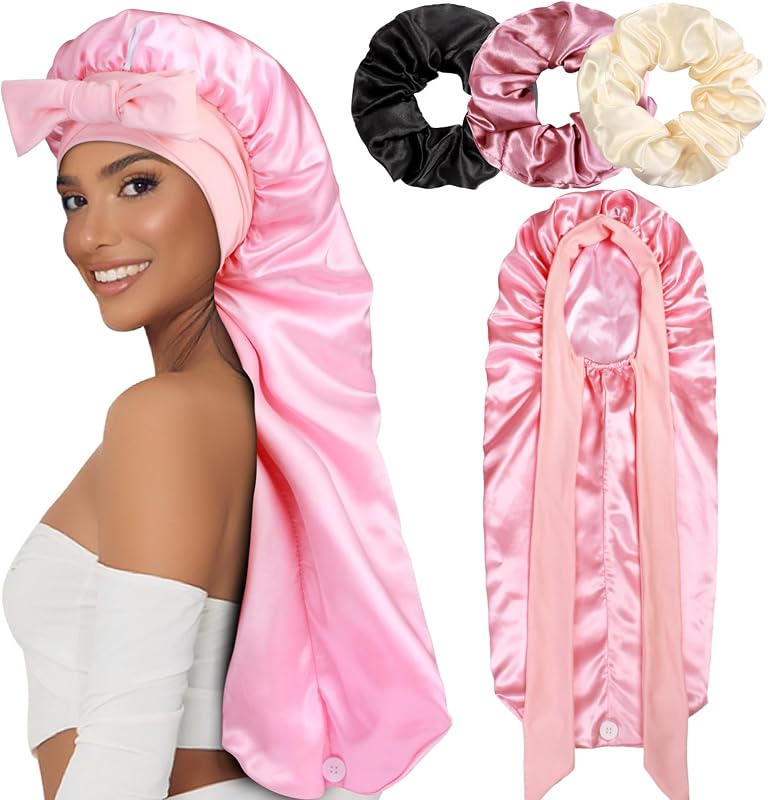 Touca de cetim longa Heniho com faixa para amarrar e 3 scrunchies