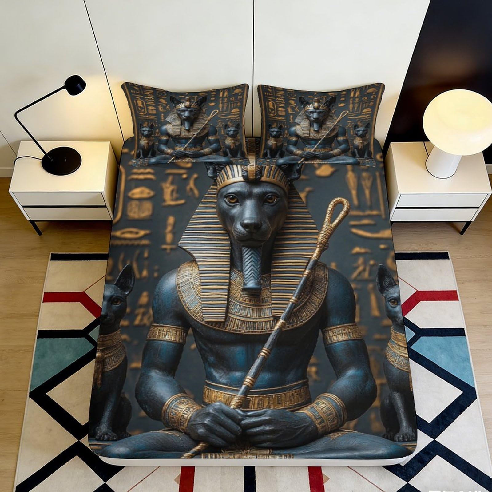 3D Printed Egyptian Pharaoh Fitted Sheet Microfiber Soft Black Gold Hieroglyph Bed Cover for Bedroom Dorm Decor 90x200x25cm
