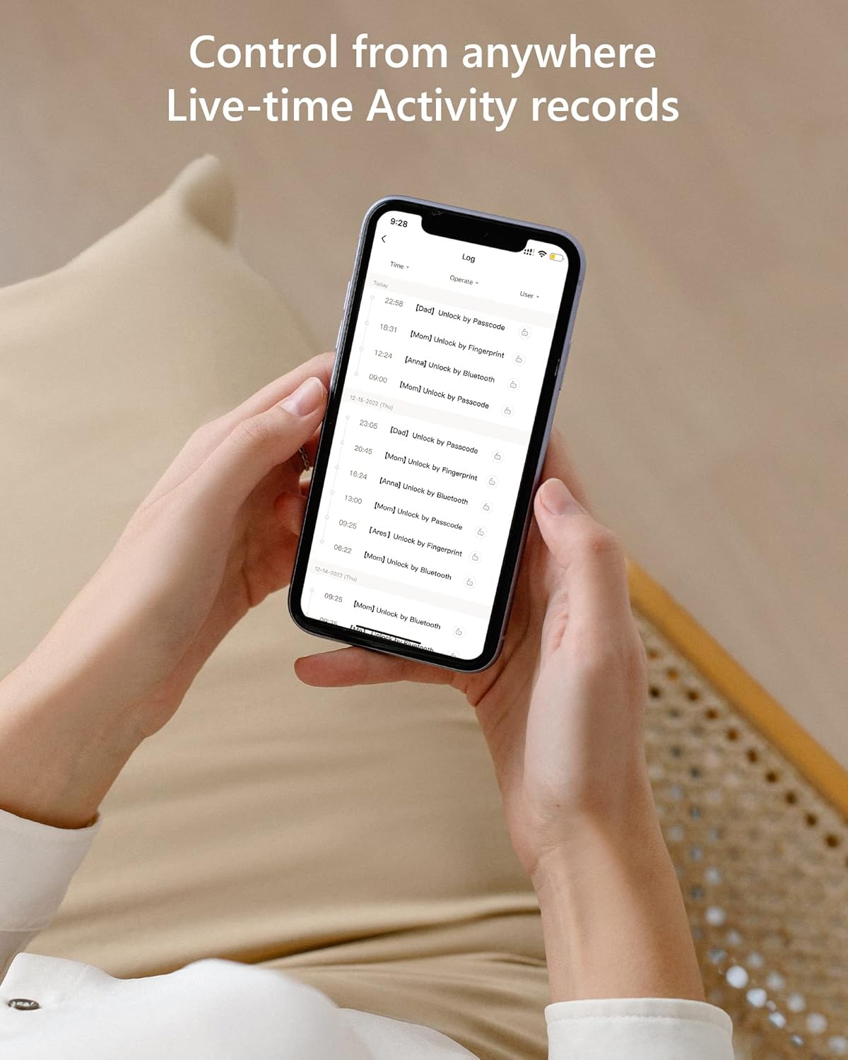 A smartphone screen displaying the activity log of the CSLP Smart Lock app, showing timestamps and unlock methods like Passcode and Bluetooth.