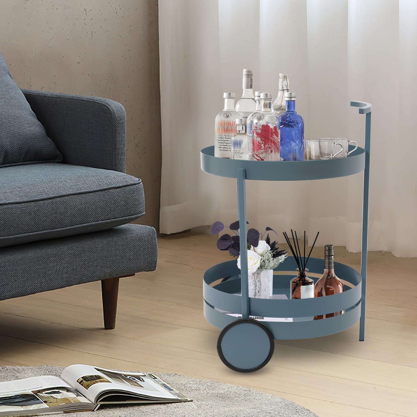 Carrello da cucina a 2 ripiani, in metallo, con ruote, carrello rotondo e multiuso per soggiorno, sala da pranzo, cucina, ufficio, camera da letto, 40 x 40 x 61 cm