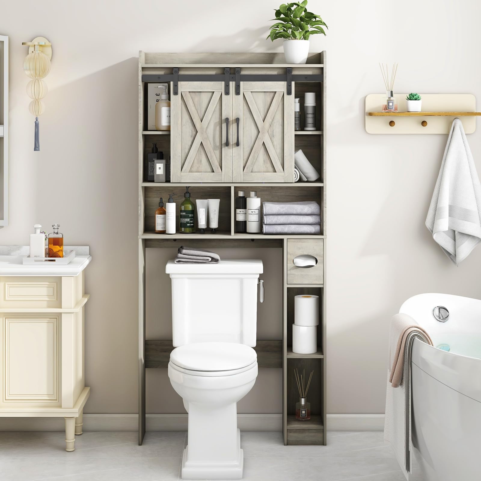 Vabches Over The Toilet Storage Cabinet, Farmhouse Storage Cabinet Over Toilet with Barn Door, Home Space-Saving Toilet Rack, for Bathroom, Restroom, Laundry（Black）.: Grey Sliding Doors